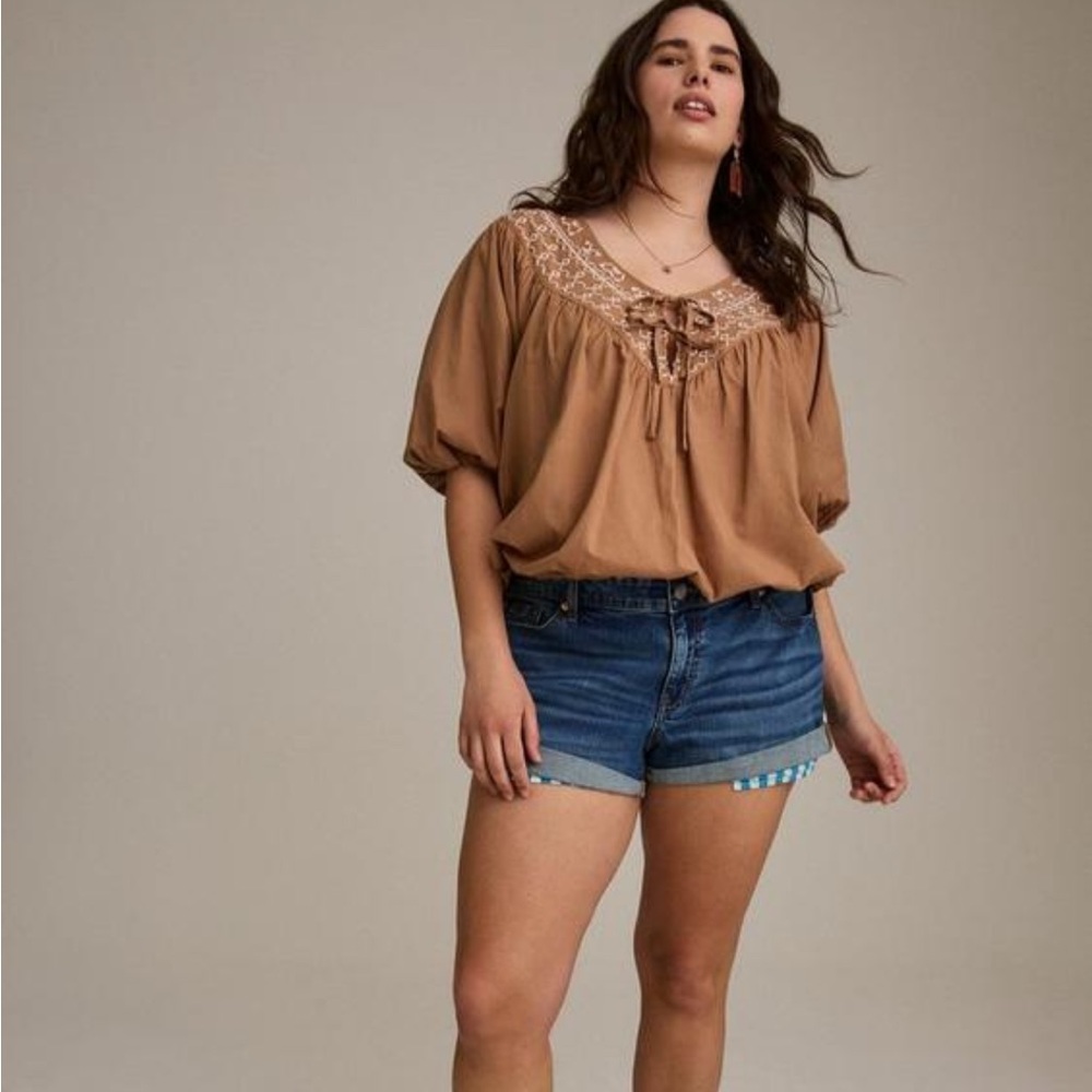 torrid Brown Peasant Blouse with Lace Yoke